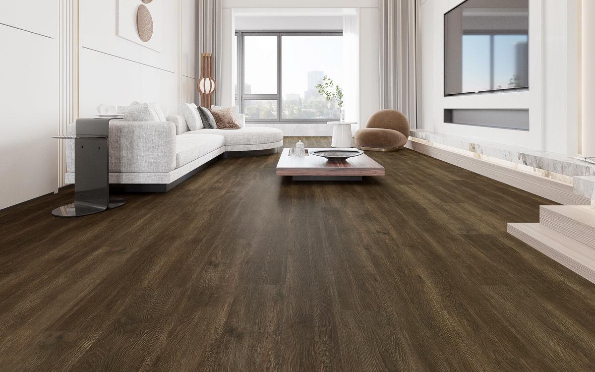Smoked walnut LVT wide-plank flooring in a sunlit modern apartment living room